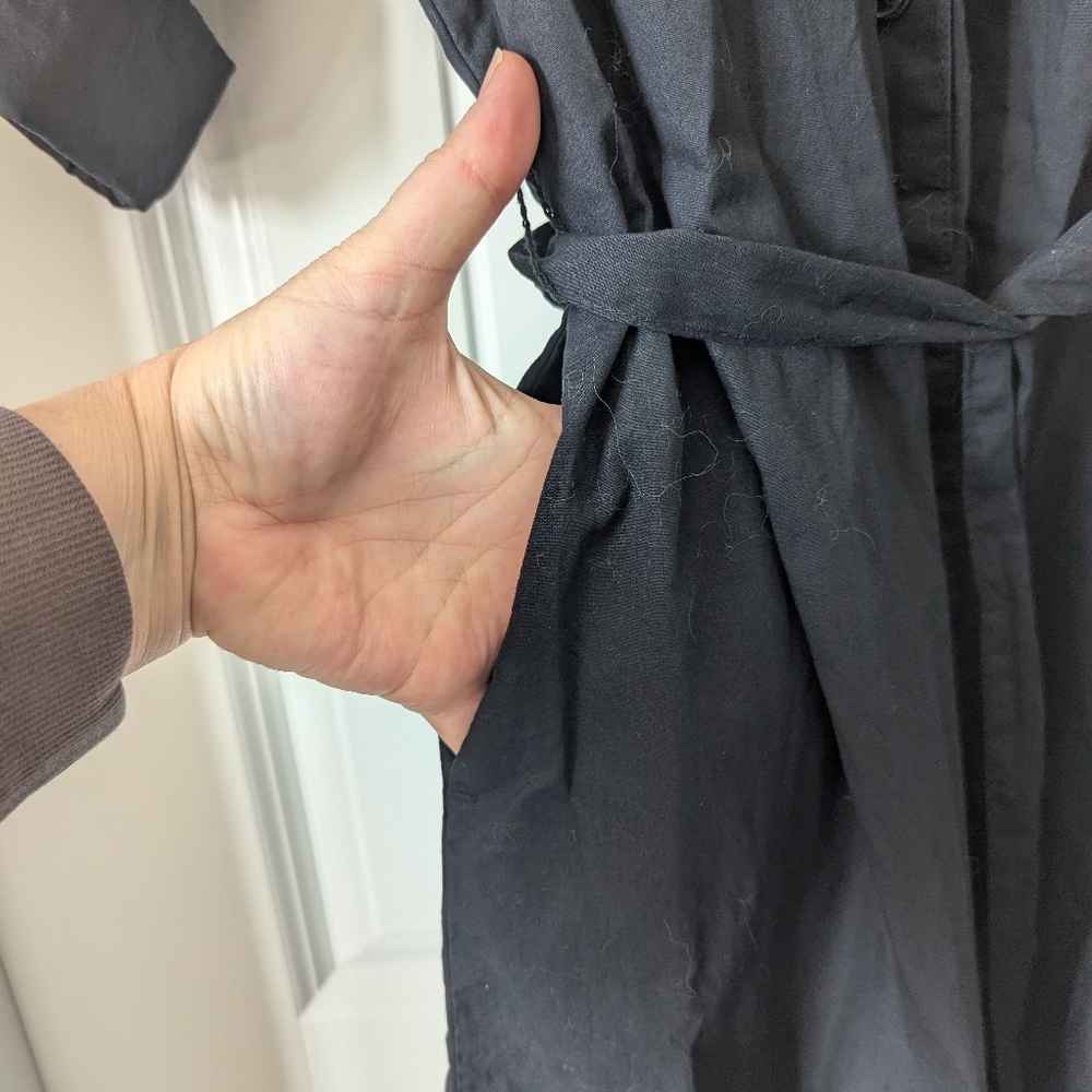 Classic Black Cotton Button-Front Shirt Dress with Belt, Pockets 3/4 Sleeves LG - Picture 5 of 12
